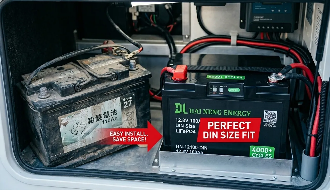 Standard DIN size 12.8V 100Ah LiFePO4 battery for RV motorhome manufacturer